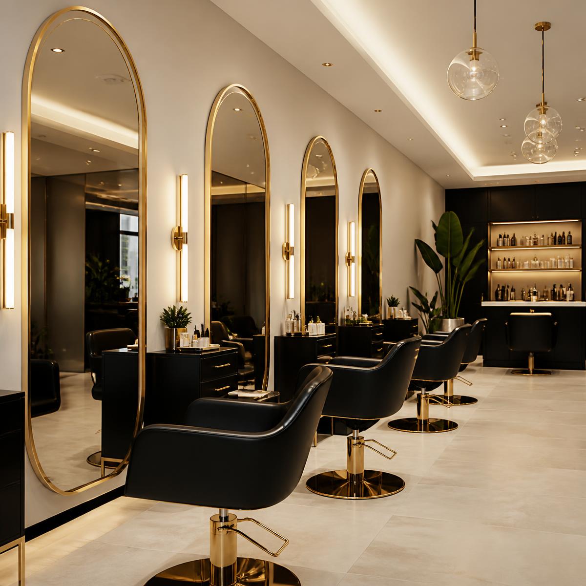 Interior of Mane Atelier hair salon with gold mirrors and black styling chairs